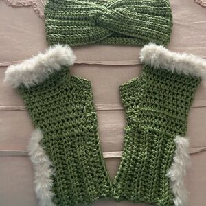 Handmade Green Knit Headband and Fingerless Gloves Set